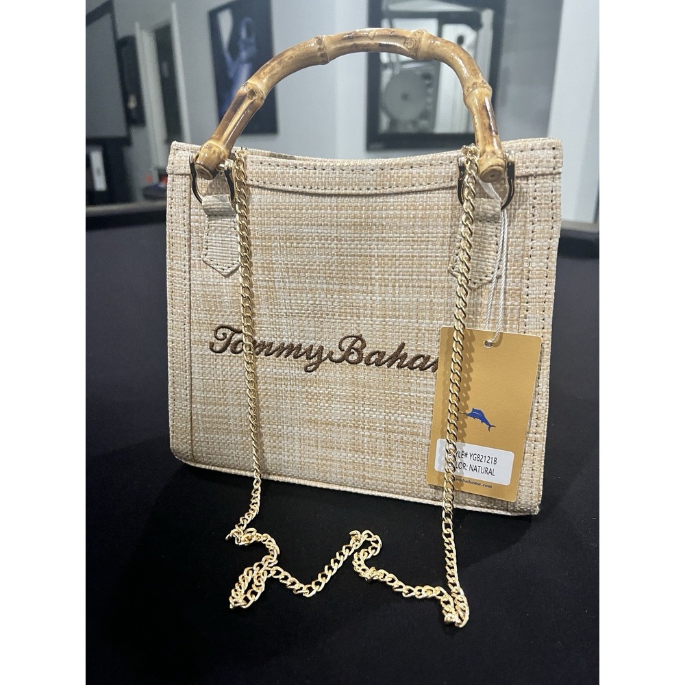 Tommy Bahama beige & tan tote bag with bamboo handle and gold chain strap